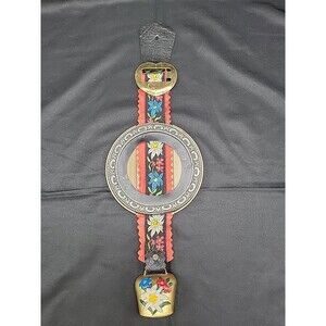 Vintage Swiss Cow/Sheep/Goat Floral Gold BELL W/ Embroidered Strap 14"